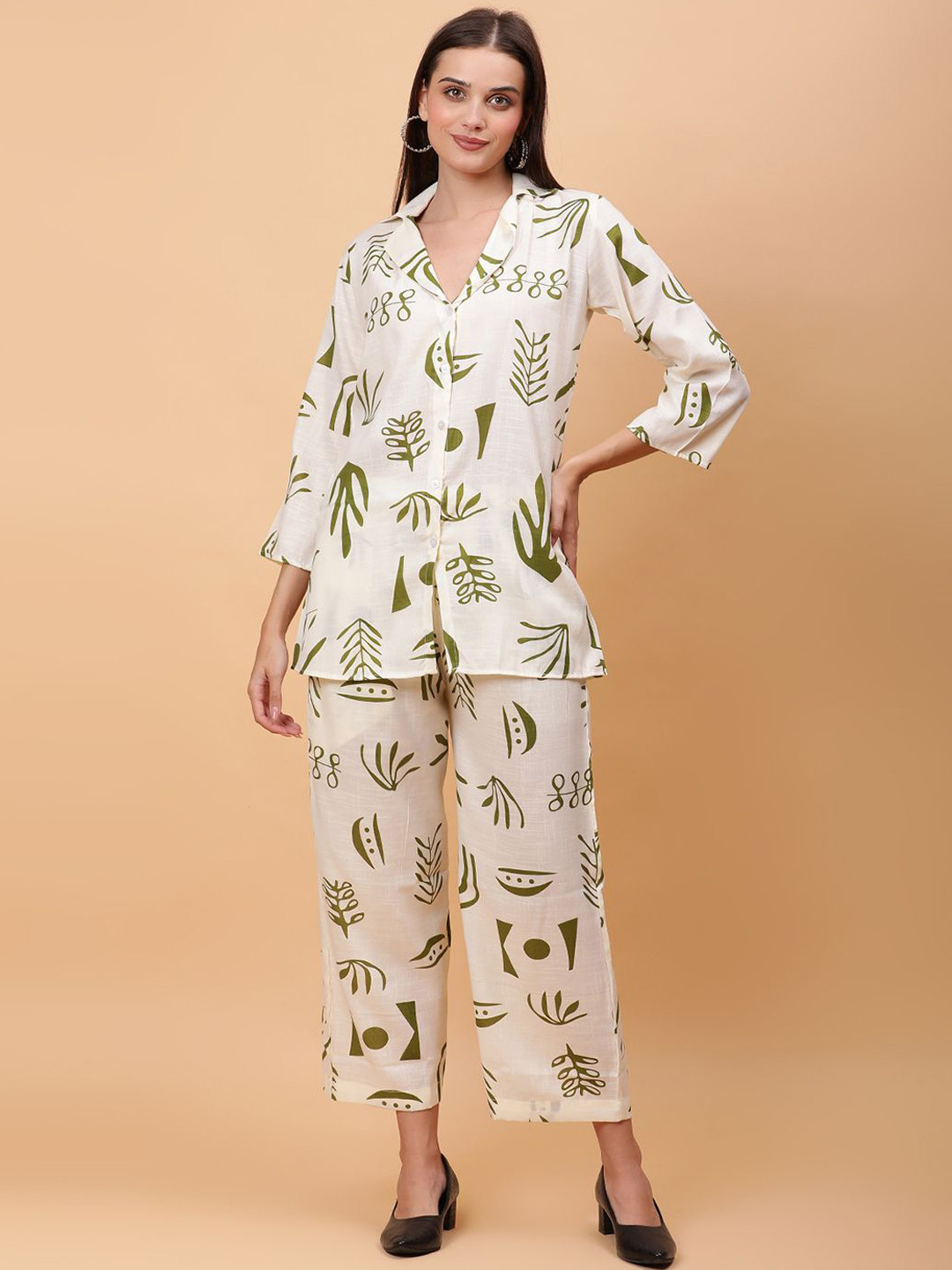 

ROSEMELON Abstract Printed Shirt Collar Shirt With Trouser, White