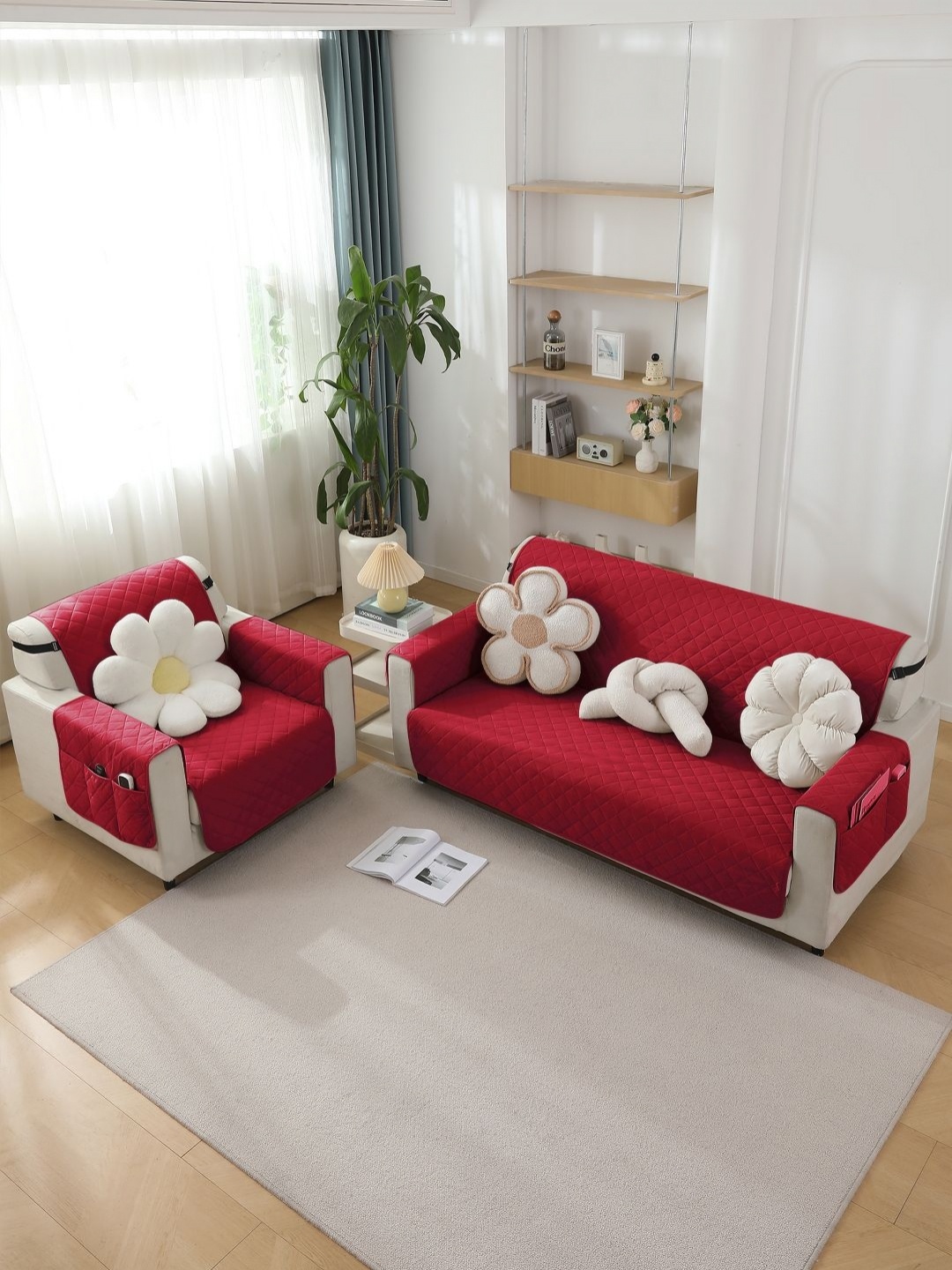 

HOKIPO Red Checked Waterproof 2 Seater Sofa Seat Mat with Pockets