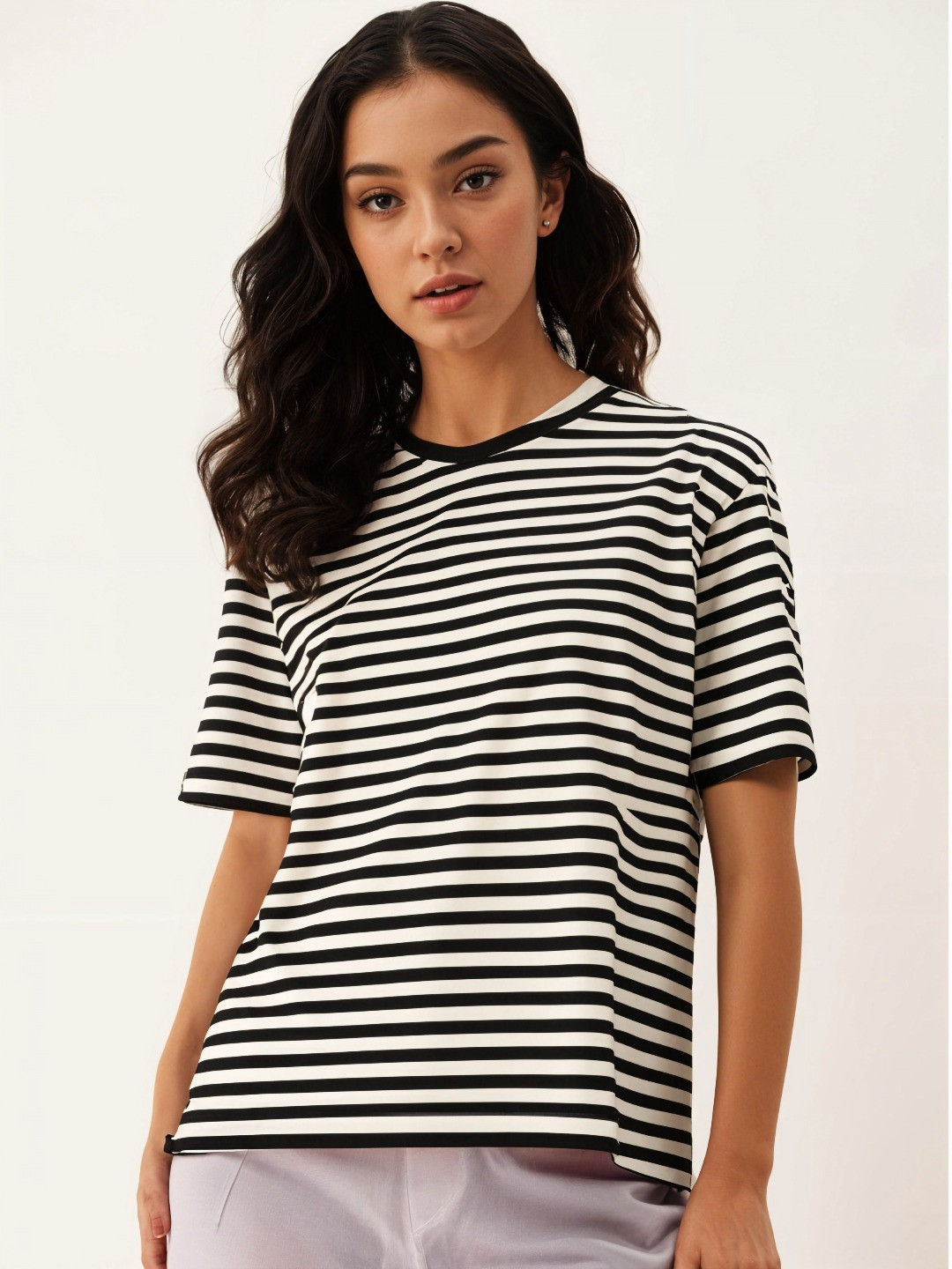 

MACK JONNEY Women Striped Round Neck Cotton Oversized T-shirt, Black