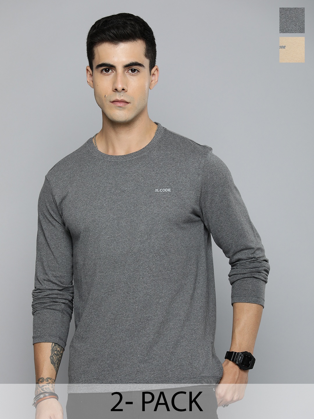 

R.Code by The Roadster Lifestyle Co. Men Regular Fit Pack Of 2 Solid Cotton T-shirts, Grey