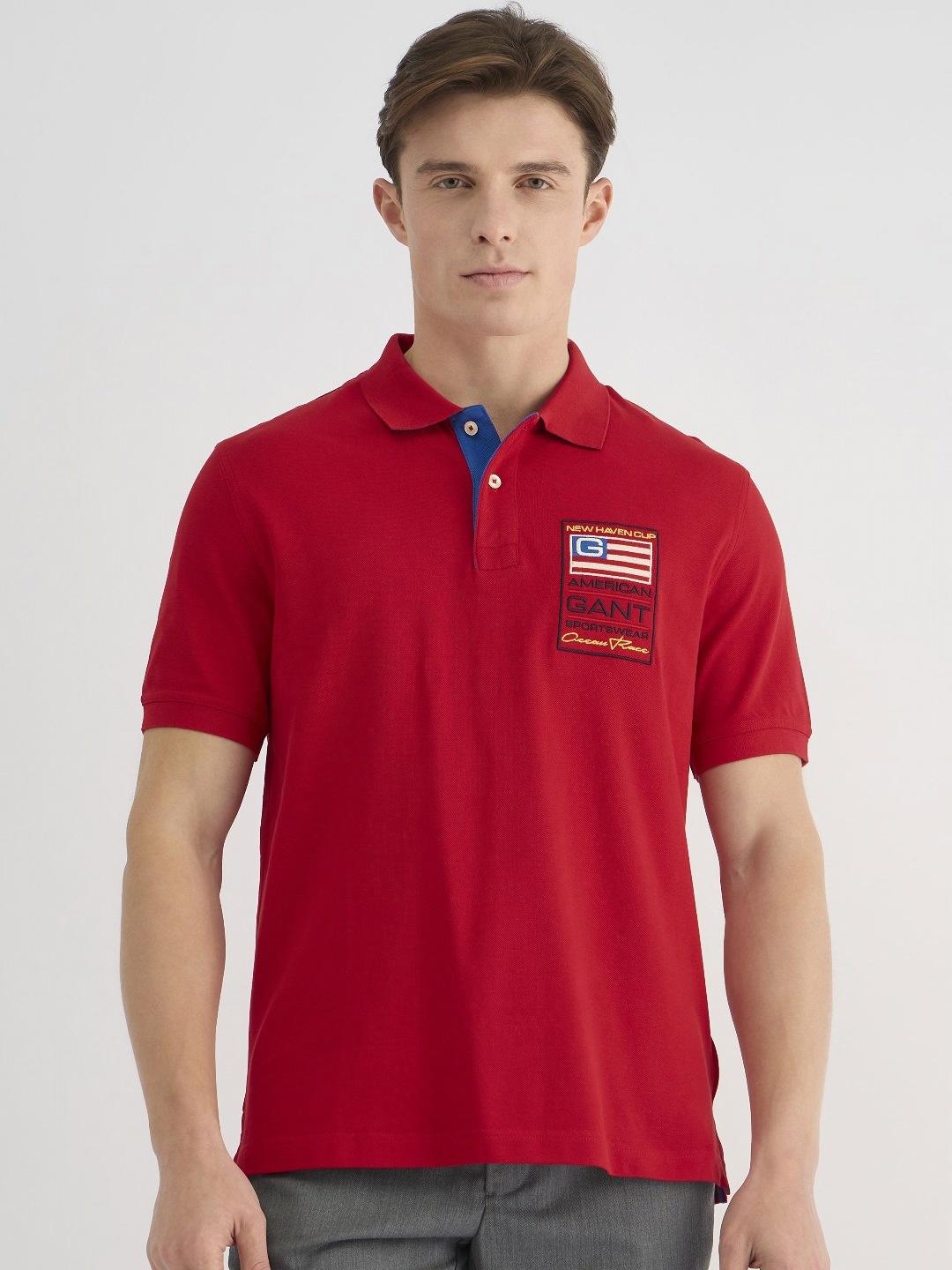 

GANT Men Flag Embroidered Polo Collar Cotton T-shirt, Red