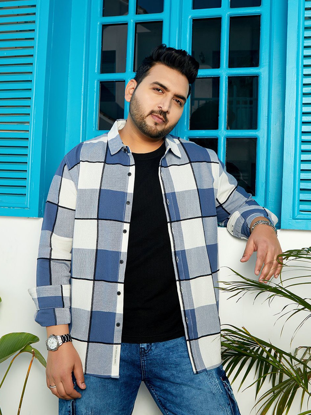 

Instafab Plus Men Comfort Regular Fit Spread Collar Checked Cotton Casual Shirt, Blue