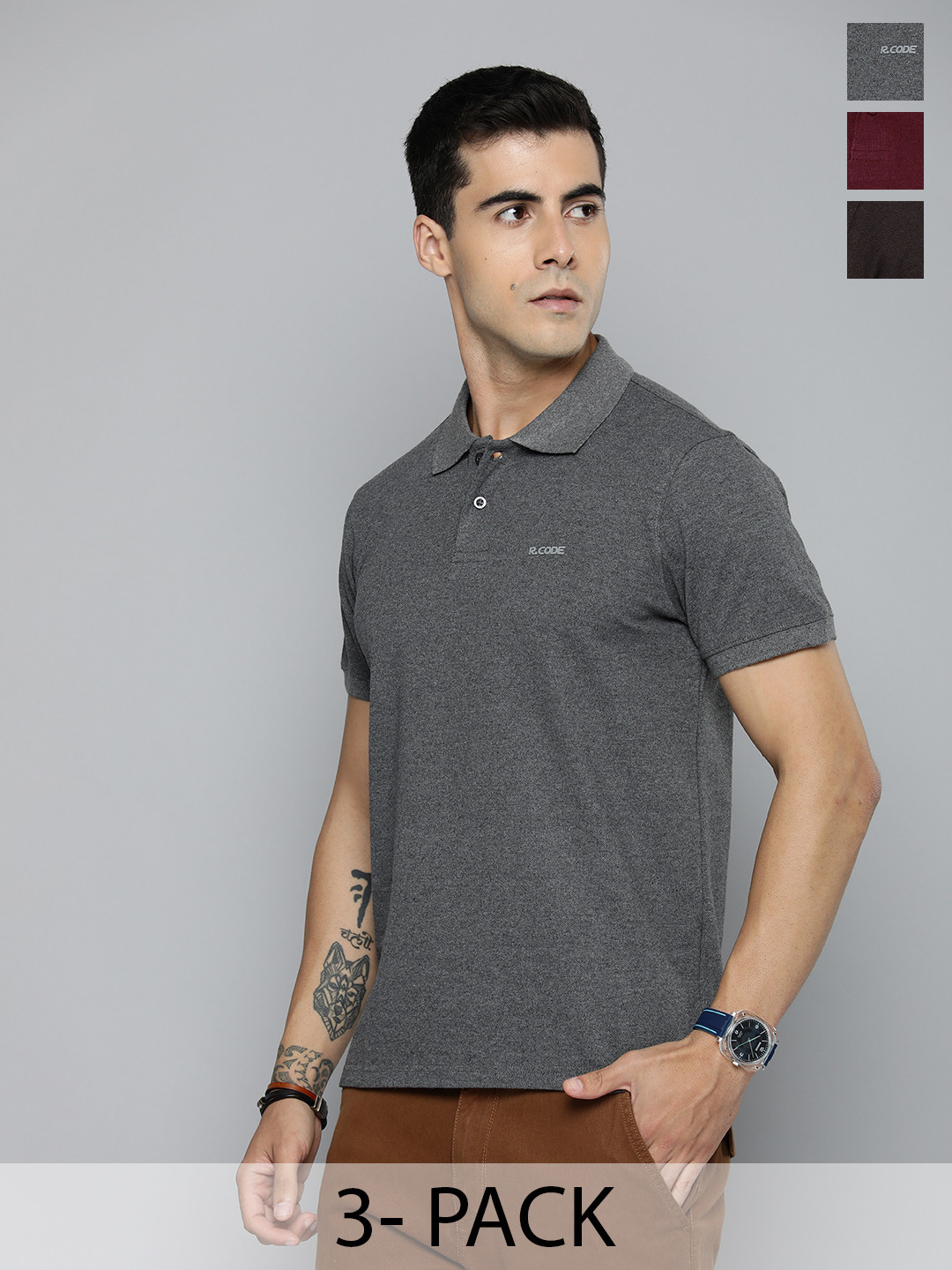 

R.Code by The Roadster Lifestyle Co. Men Regular Fit Pack Of 3 Solid Polo Cotton T-shirts, Grey