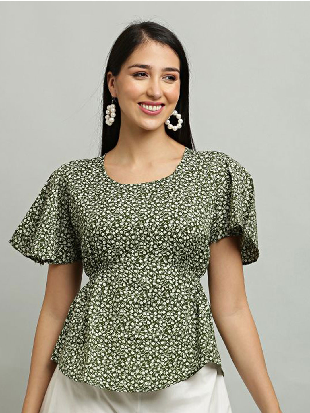 

DEGE Women Floral Printed Crepe Top, Olive