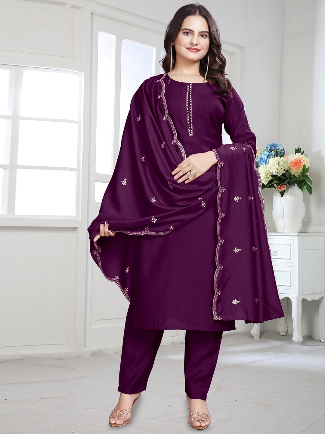

SATPURUSH Stones & Beads Work Kurta With Trousers & Dupatta, Purple