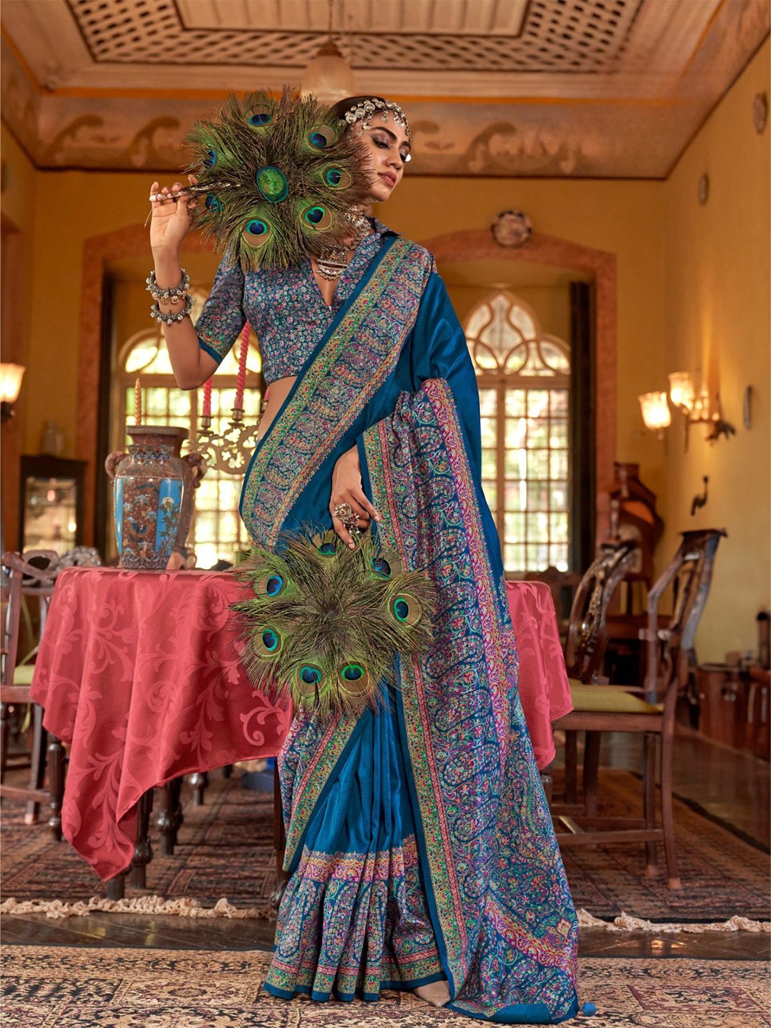 

ODETTE Blue Silk Blend Woven Saree With Unstitched Blouse