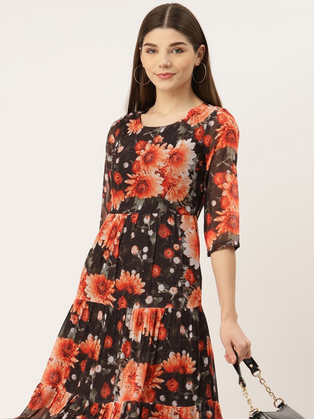 

DressBerry Women Floral Print Georgette A-Line Midi Dress, Black