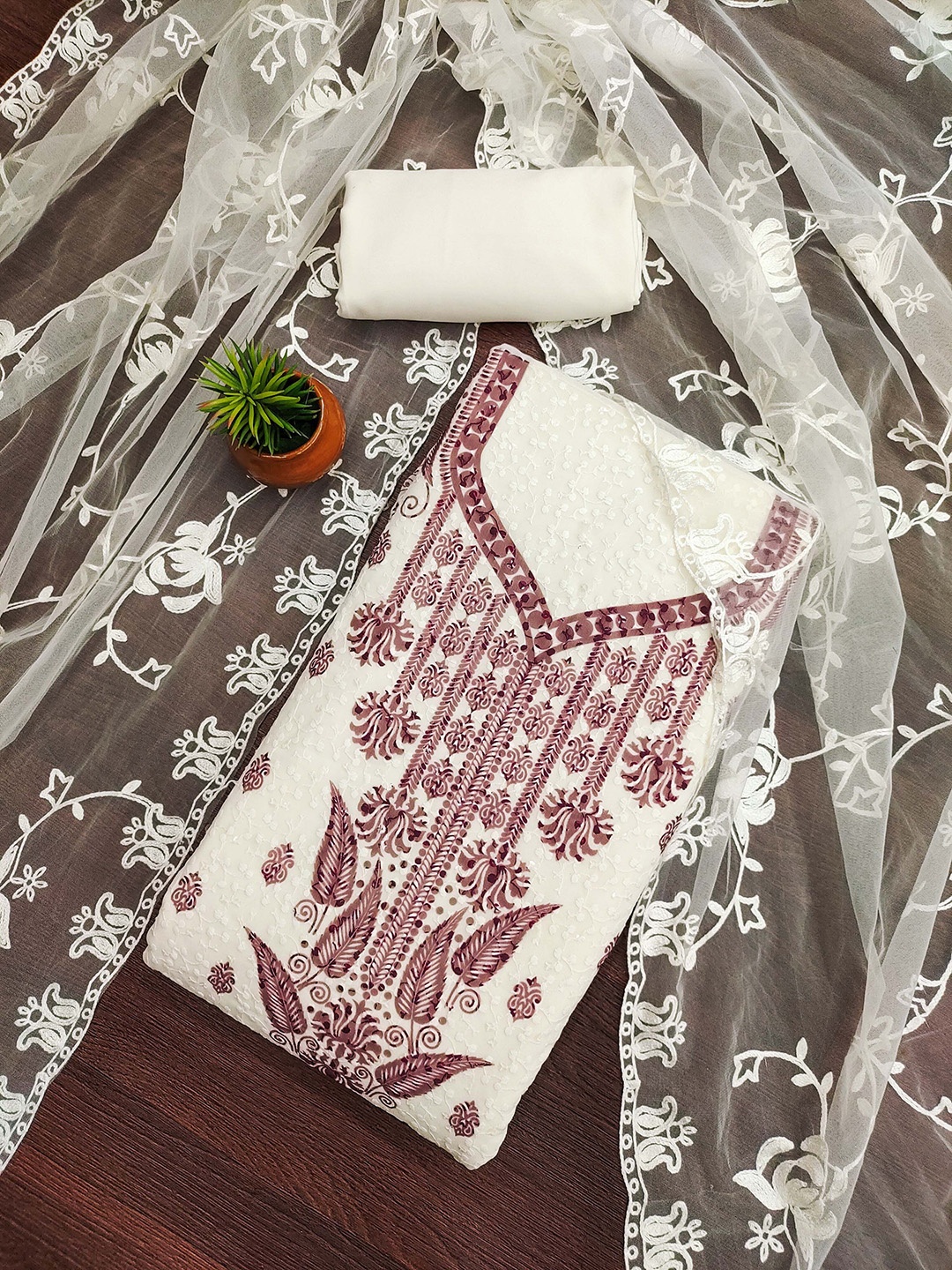 

MANVAA Floral Embroidered Sequinned Unstitched Dress Material, White