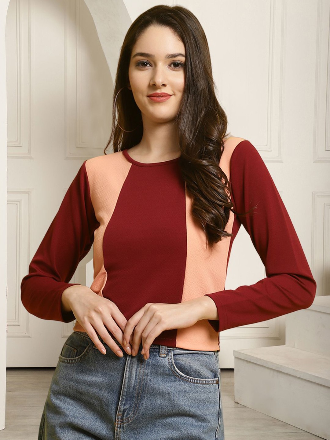 

Tromko Women Colourblocked Round Neck Top, Rust