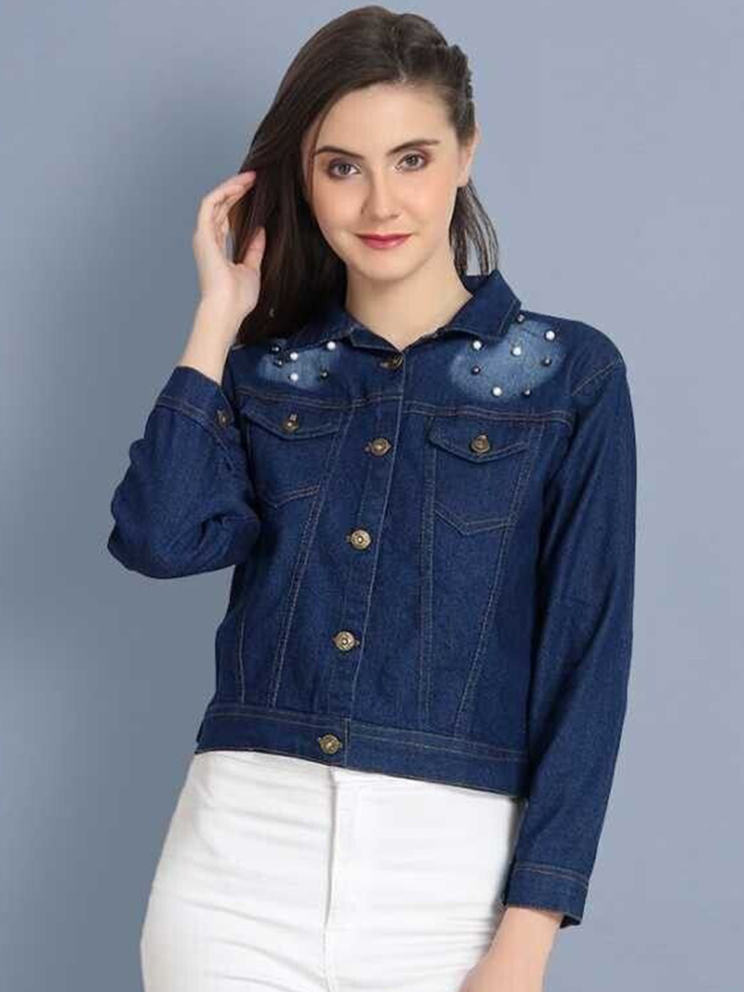 

KASHIAN Women Spread Collar Solid Casual Denim Jacket, Blue