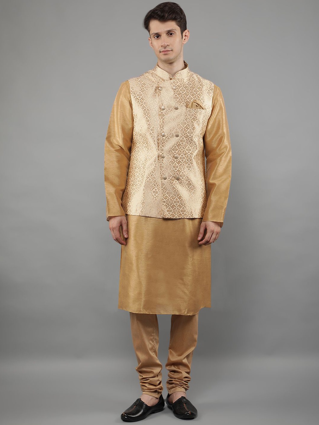 

Manish Creations Woven Design Mandarin Collar Straight Kurta with Churidar & Nehru jacket, Beige