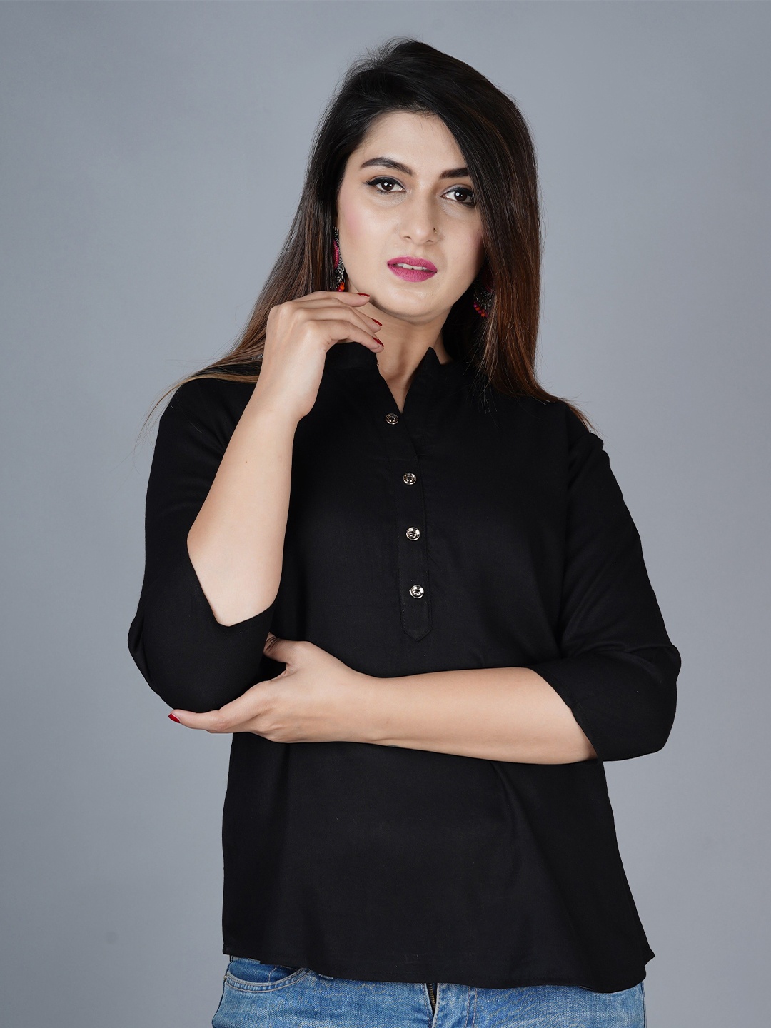 

Brijam Mandarin Collar Shirt Style Top, Black