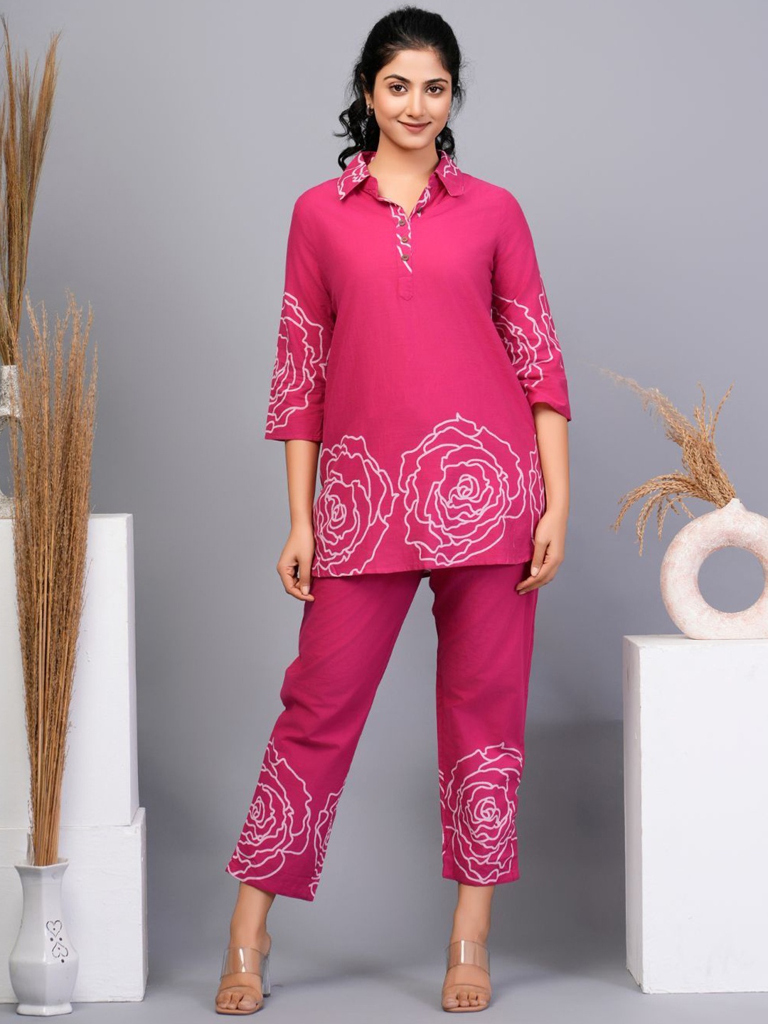 

Kaftanize Floral Printed Shirt Collar Pure Cotton Co-ords Set, Pink