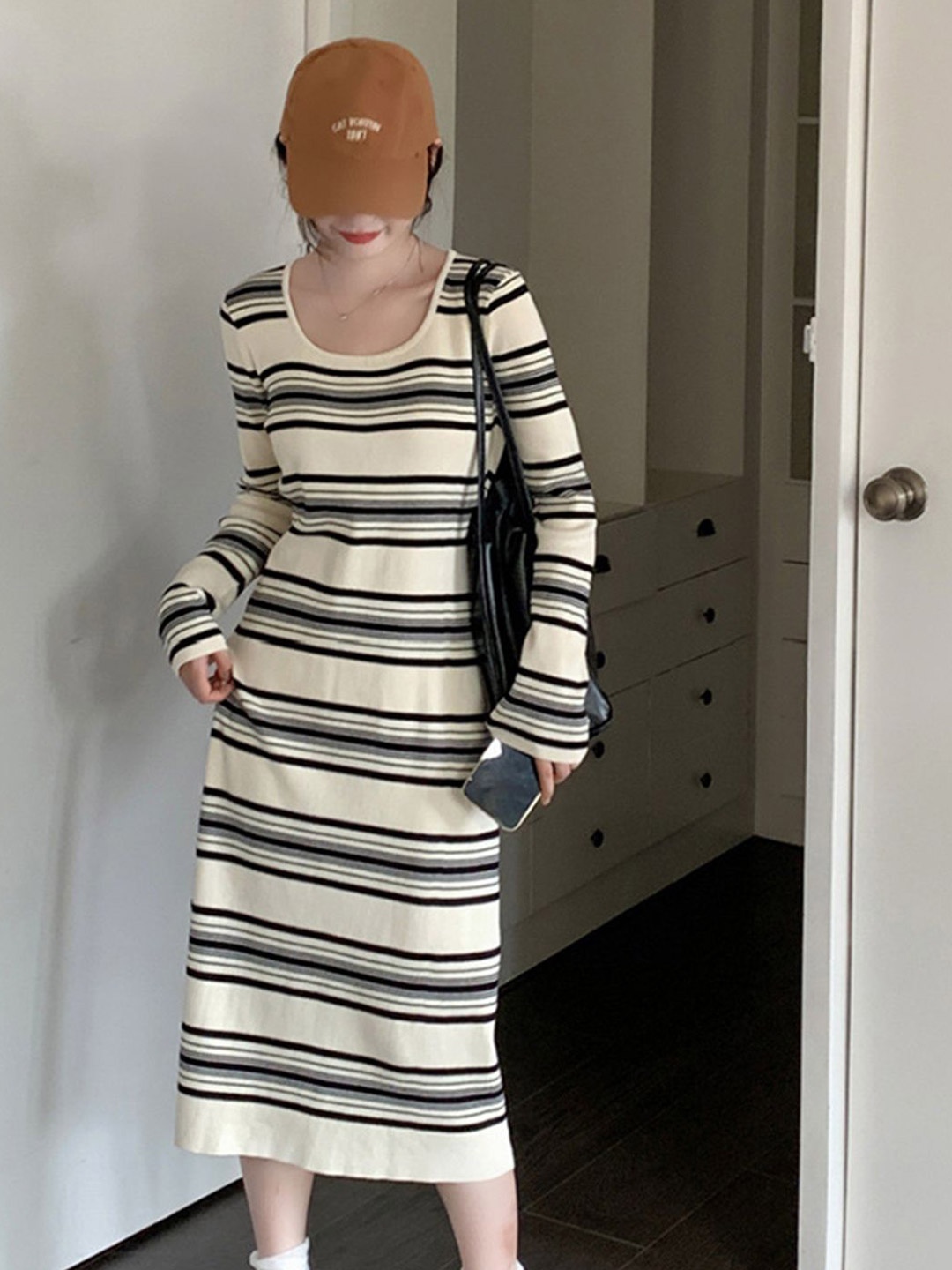

DressBerry Women Striped A-Line Midi Dress, Cream