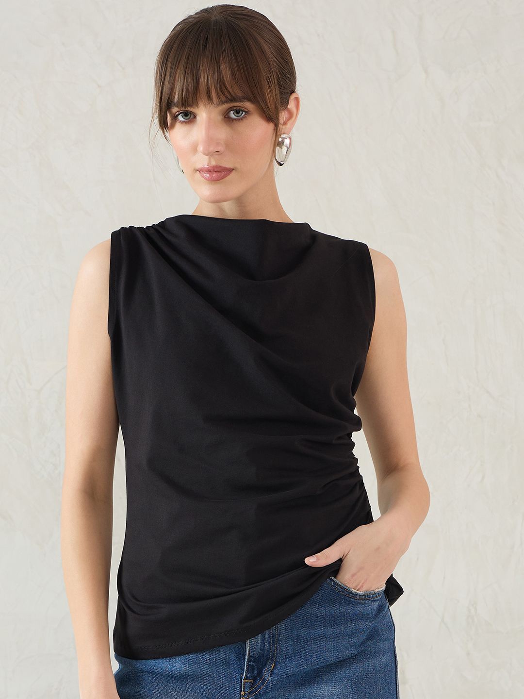

FEMMELLA Women Solid Boat Neck Cotton Top, Black