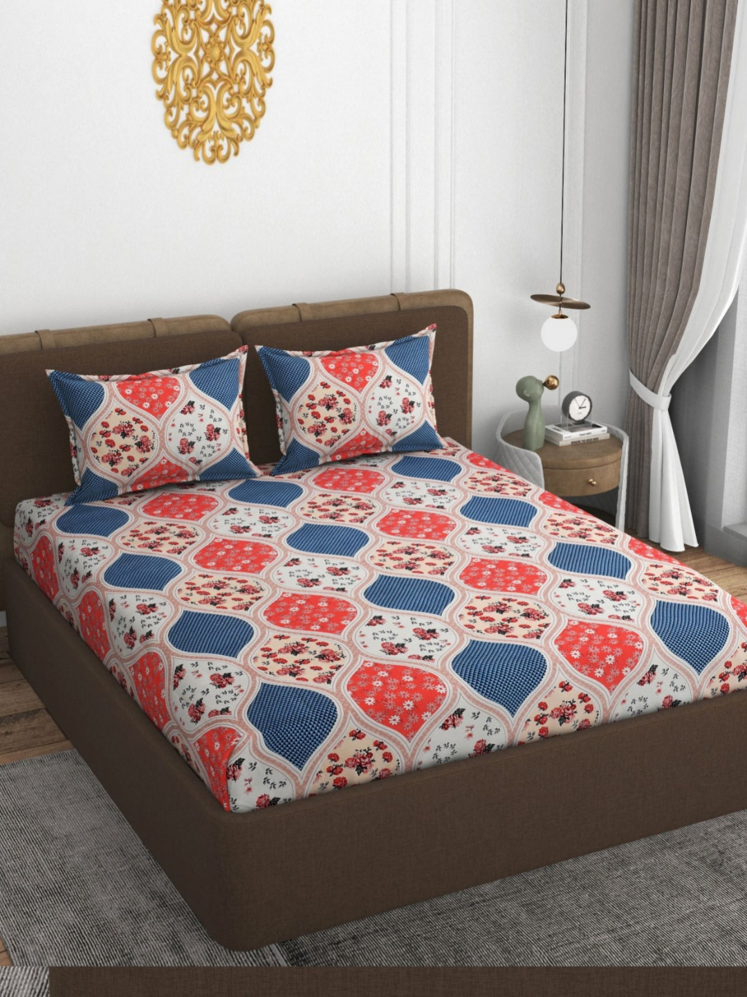 

VOMZER White & Blue Floral Printed Cotton 210TC Fitted Queen Bedsheet Set- 1.98m x 1.53m