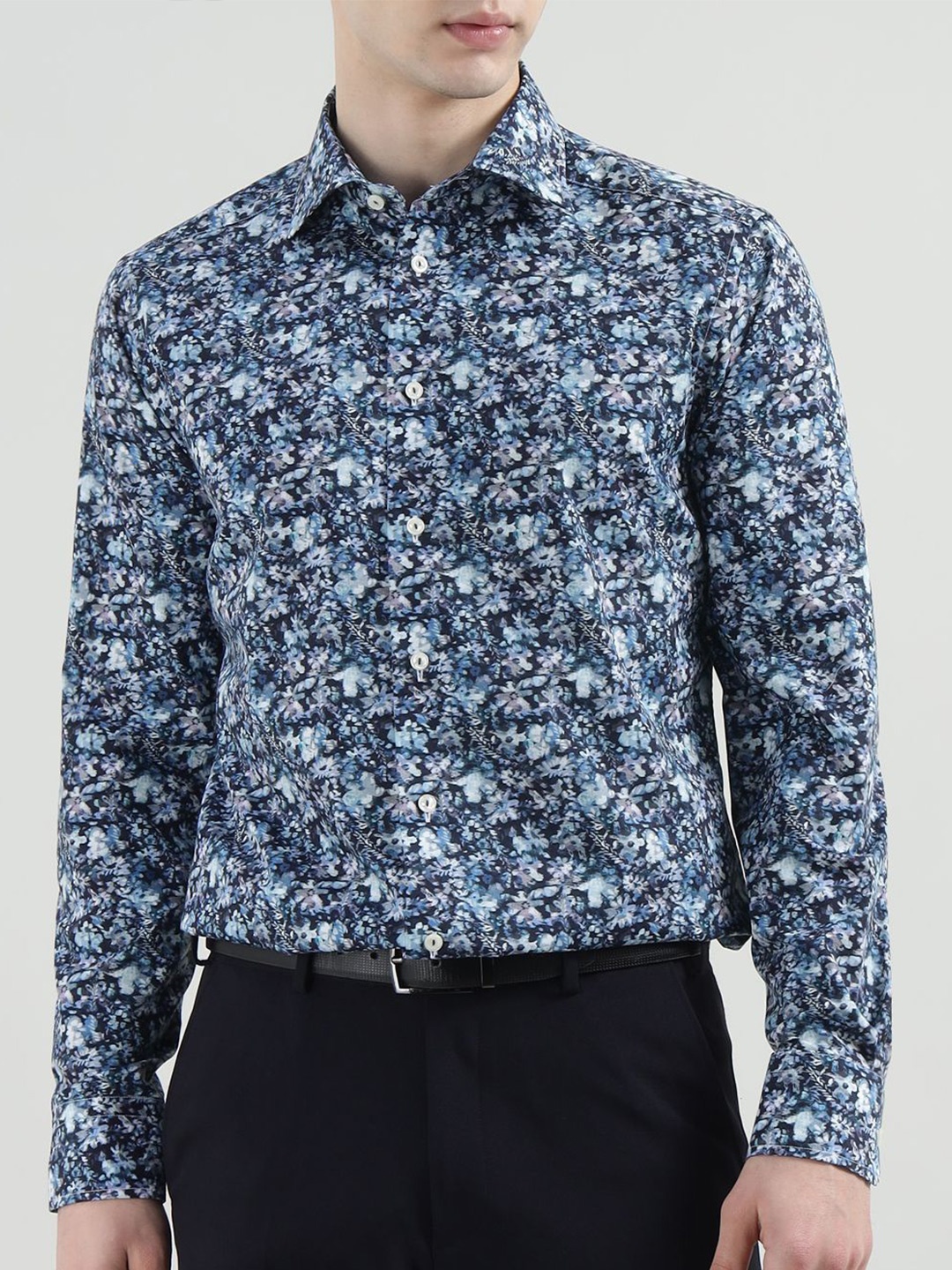 

Eton Men Spread Collar Floral Printed Cotton Formal Shirt, Navy blue