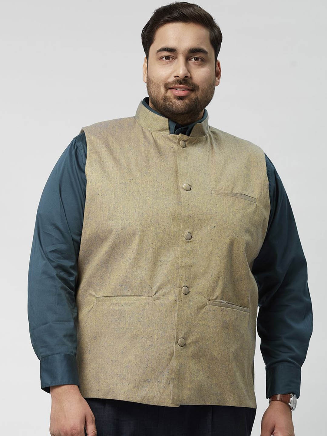 

Big Hello - The Plus Life Mandarin Collar Cotton Linen Bandhgala Waistcoat, Khaki