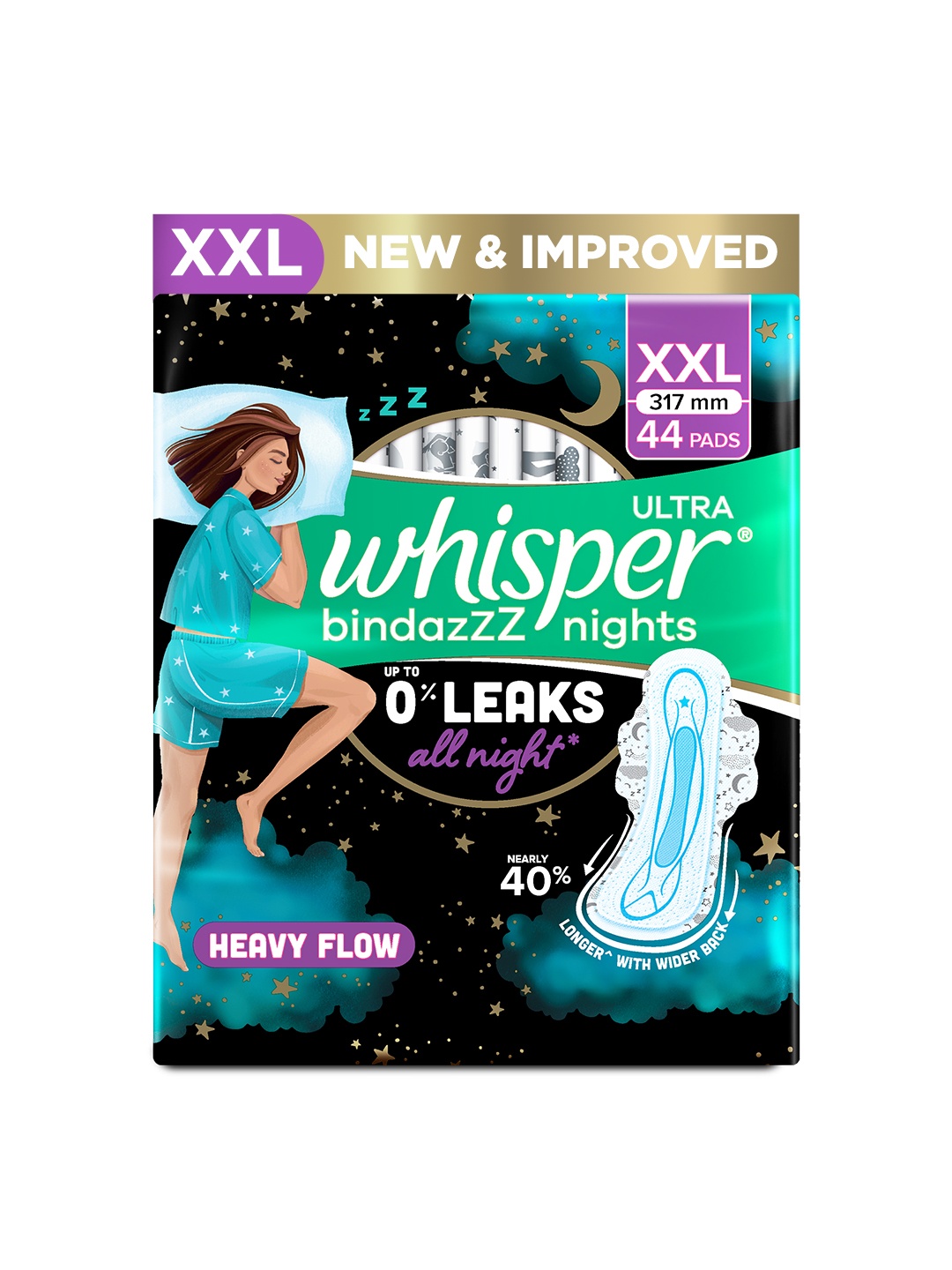 

Whisper Ultra Bindazzz Nights XXL Sanitary Pads - 44 Pads, Black