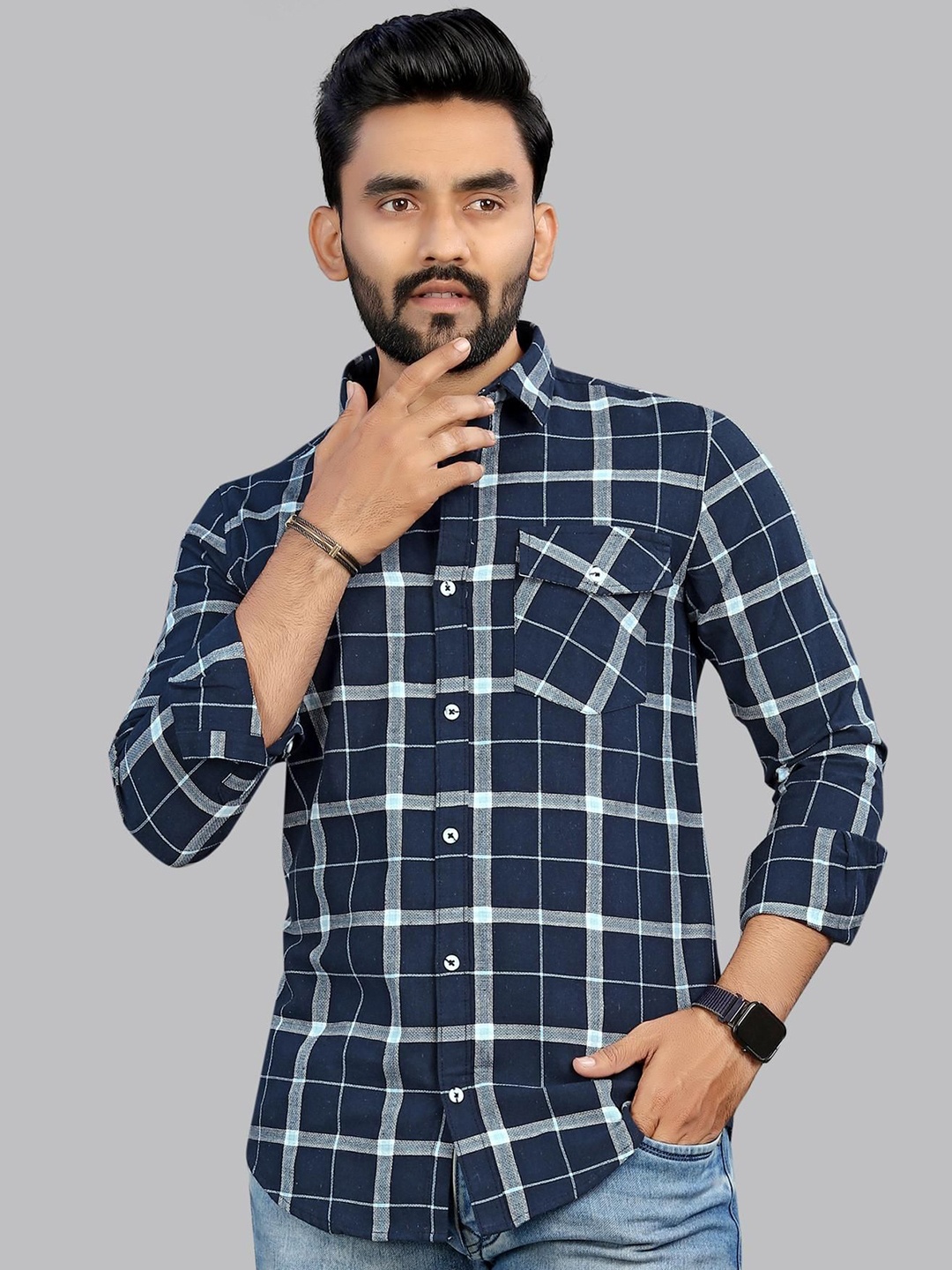 

Metronaut Men Classic Tartan Checks Opaque Checked Casual Shirt, Navy blue