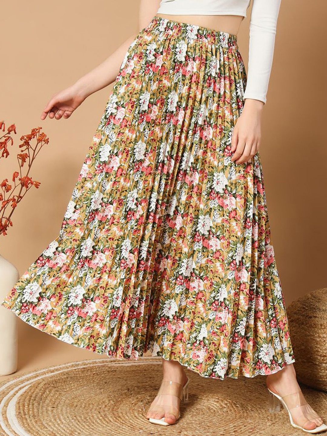 

ZWERLON Floral Printed Pleated A-Line Maxi Skirt, Cream