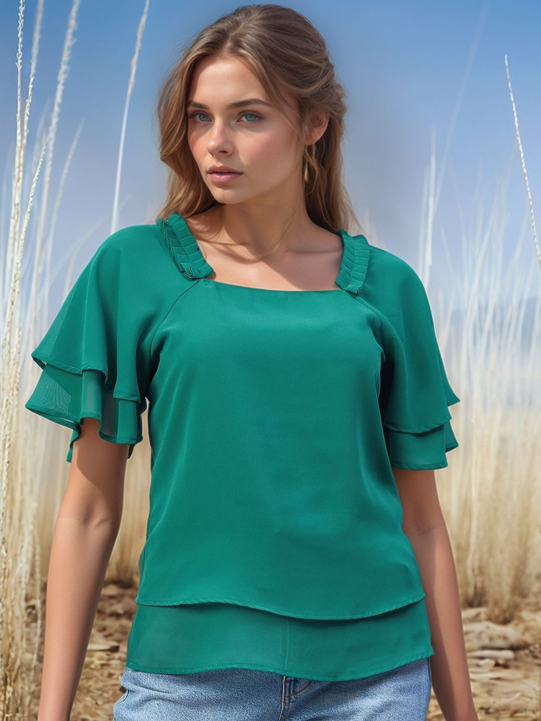 

RARE Layered Georgette Top, Green