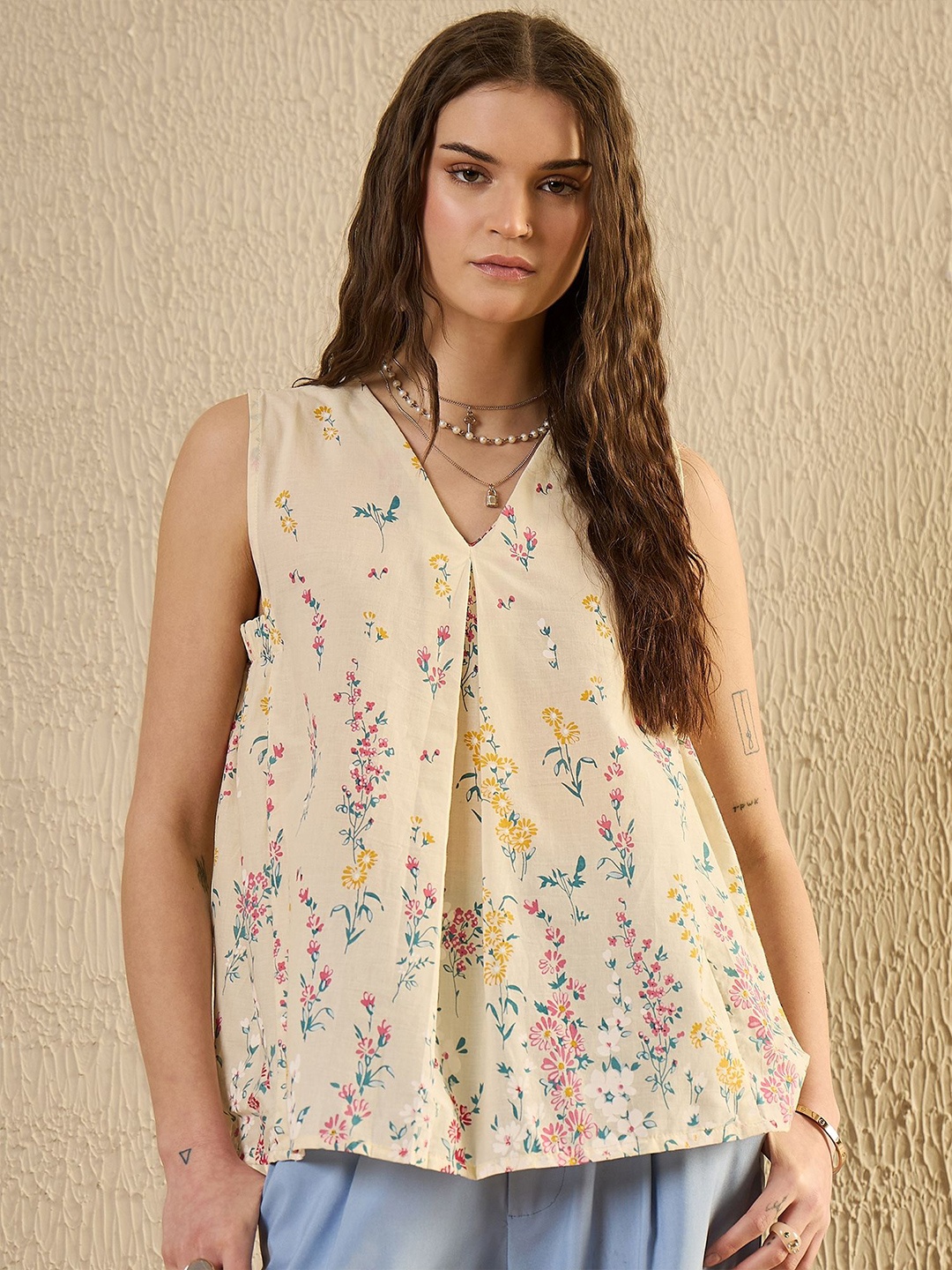

SANSKRUTIHOMES Floral Printed Cotton Top, White