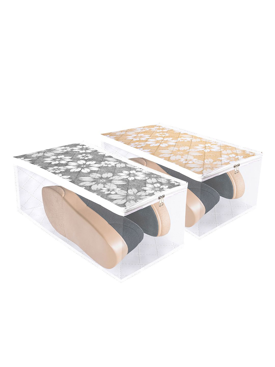 

Kuber Industries Gold-Toned and Grey Pack Of 2 Flower Quilted Side Visible Shoe Covers