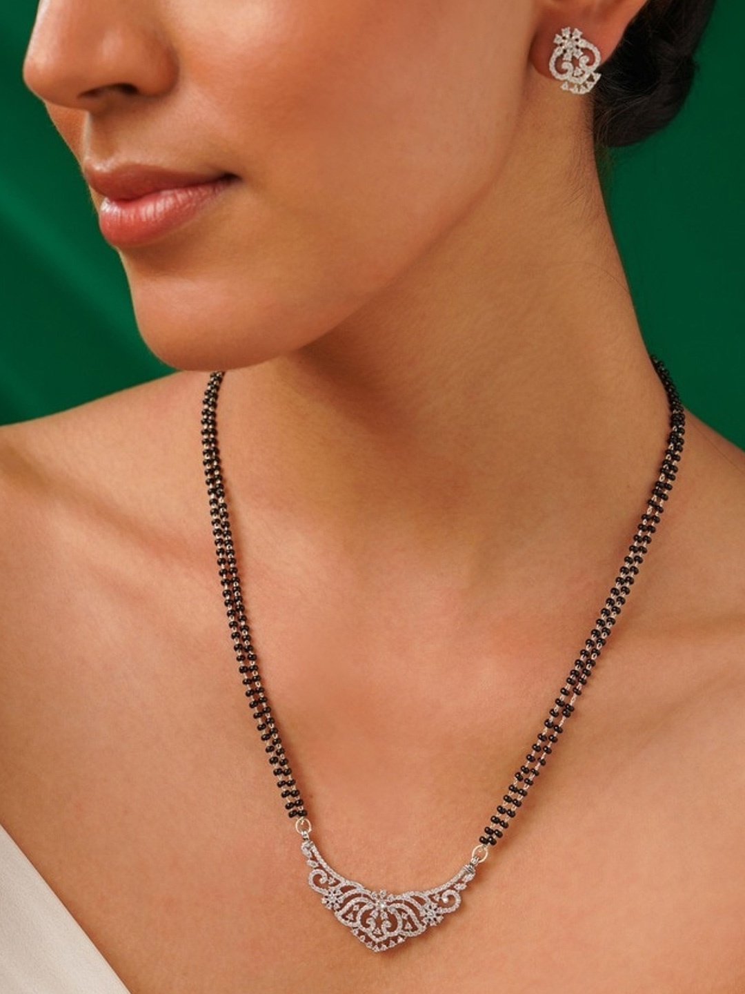 

ABDESIGNS Silver Plated American Diamond Studded & Beaded Mangalsutra Set