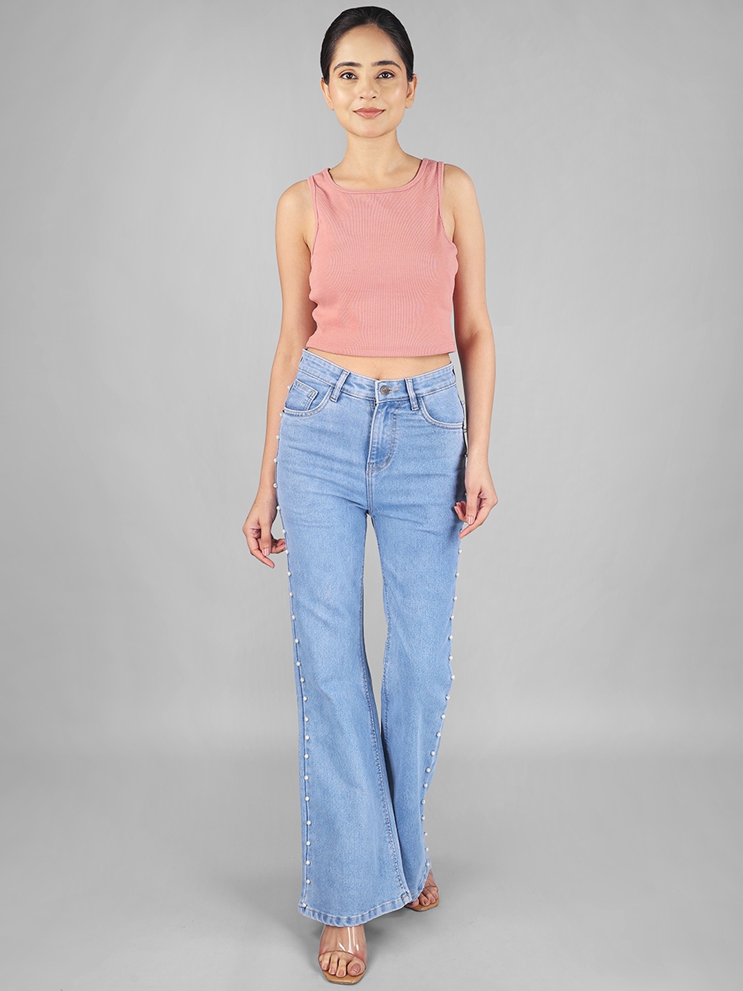 

Wear Your Words Women Pearl Studded Bootcut Jeans -Ice Blue