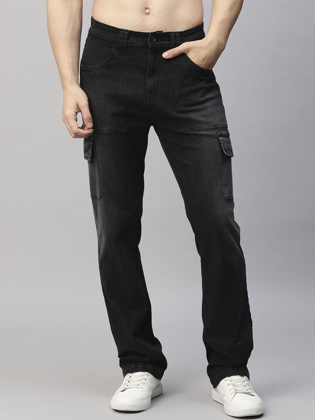 

PRONK Mens Straight Fit Light Fade Crinkle Denim Cargos, Black