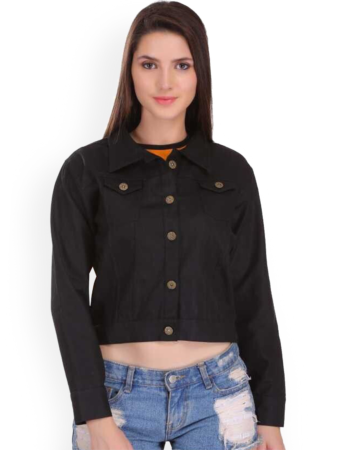 

KASHIAN Women Spread Collar Solid Casual Denim Jacket, Black