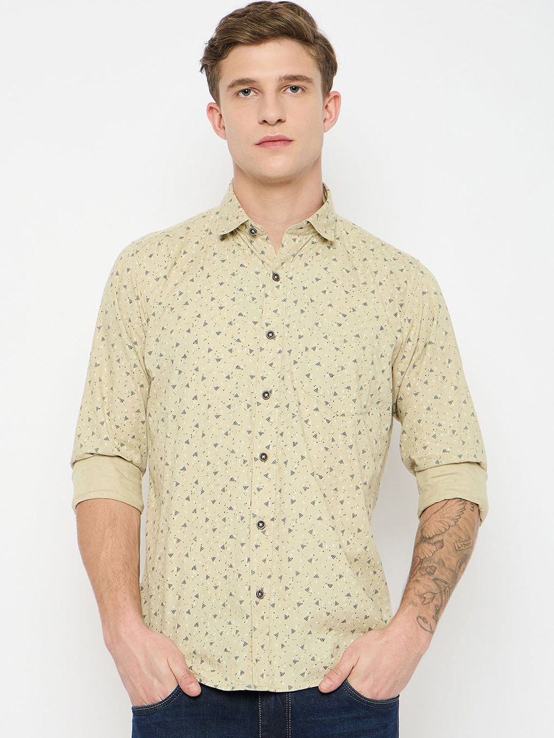 

Duke Men Spread Collar Geometric Printed Cotton Casual Shirt, Beige