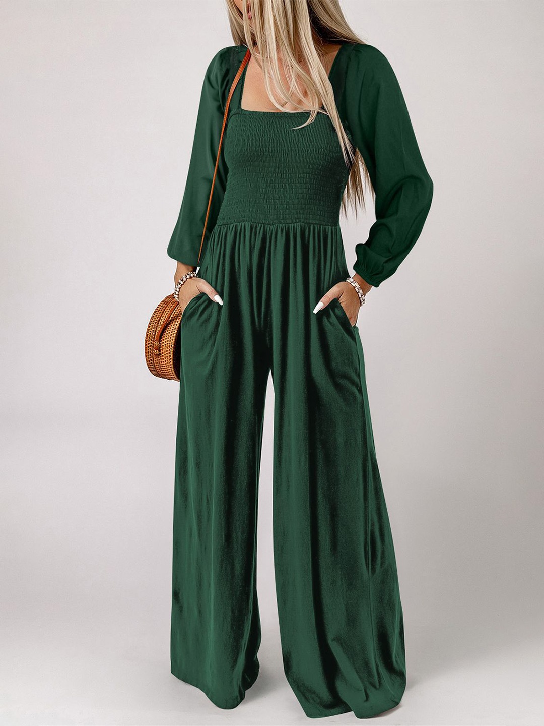 

Errabelly green smocked square neck long sleeve wide leg jumpsuit