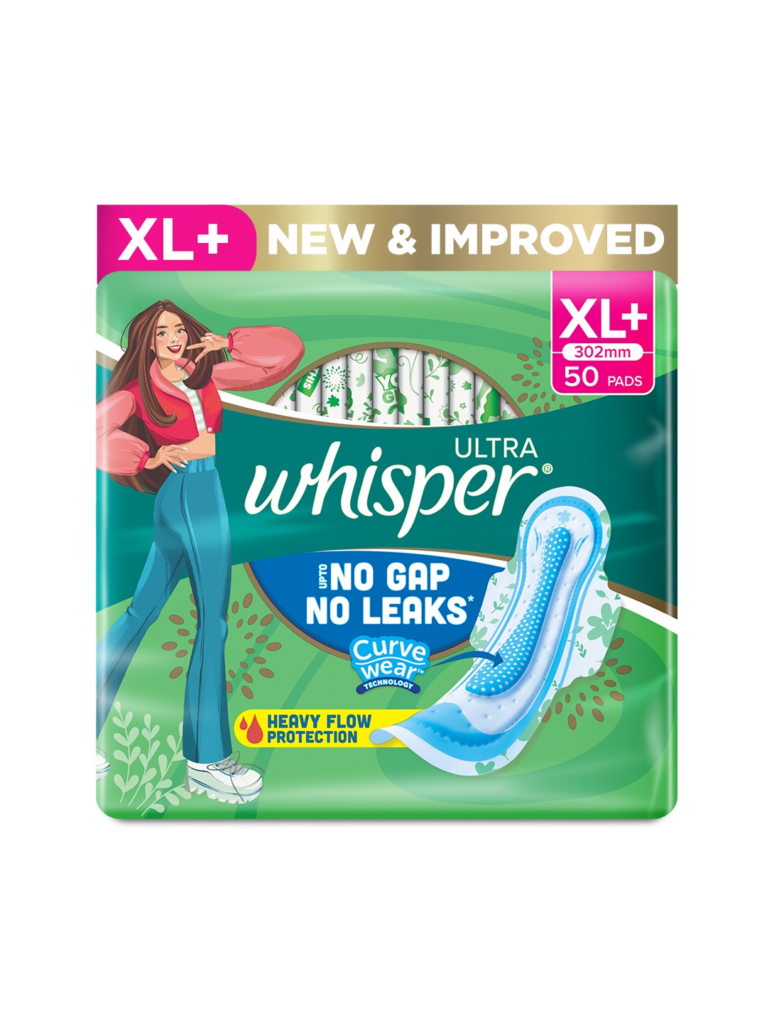 

Whisper Ultra Upto No Gap No Leaks Sanitary Pads for Heavy Flow Protection - 50 XL+ Pads, Green