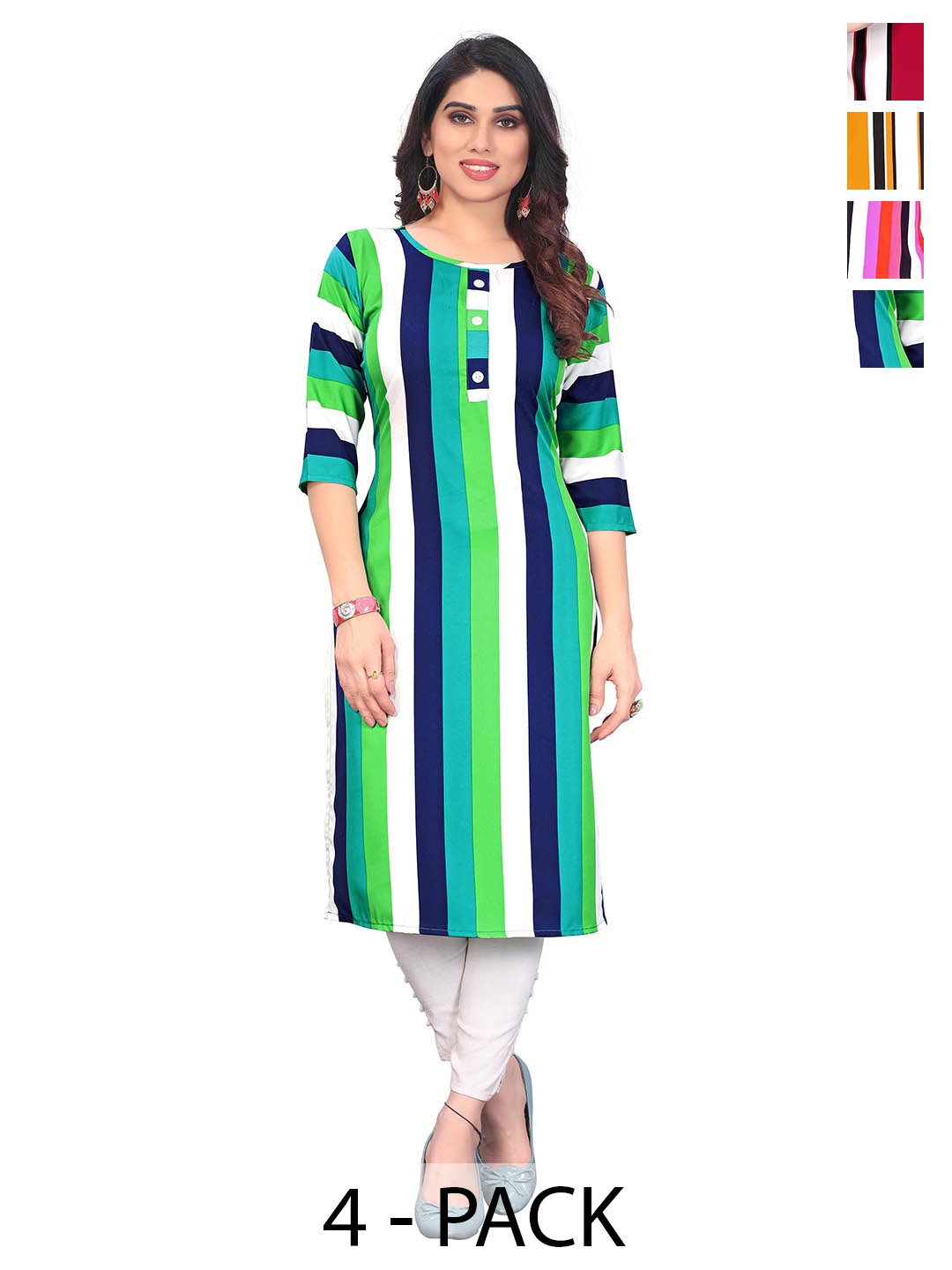 

KETAKI FASHION Selection Of 4 Striped Round Neck Straight Kurtas, Green