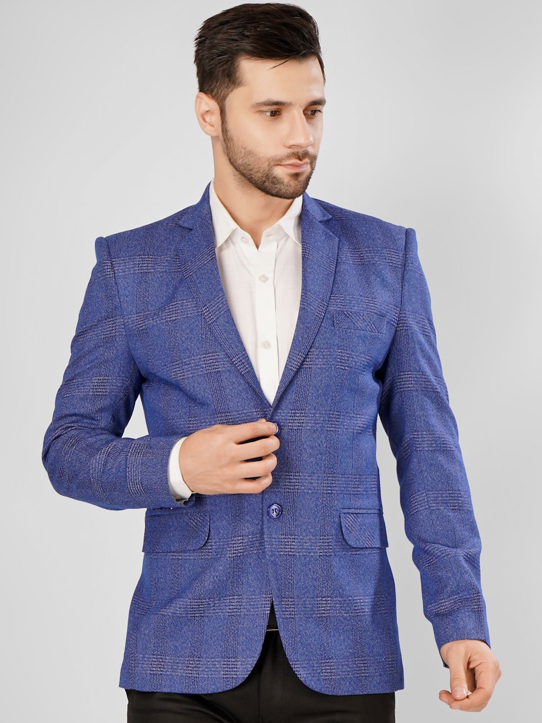 

Wintage Checked Notched Lapel Collar Single-Breasted Blazer, Blue