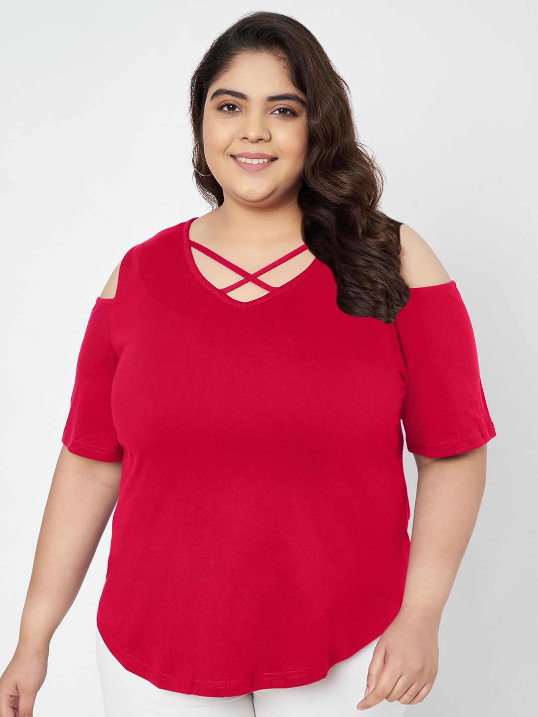 

BRINNS Plus Size Cut Out Detail Cotton Top, Red