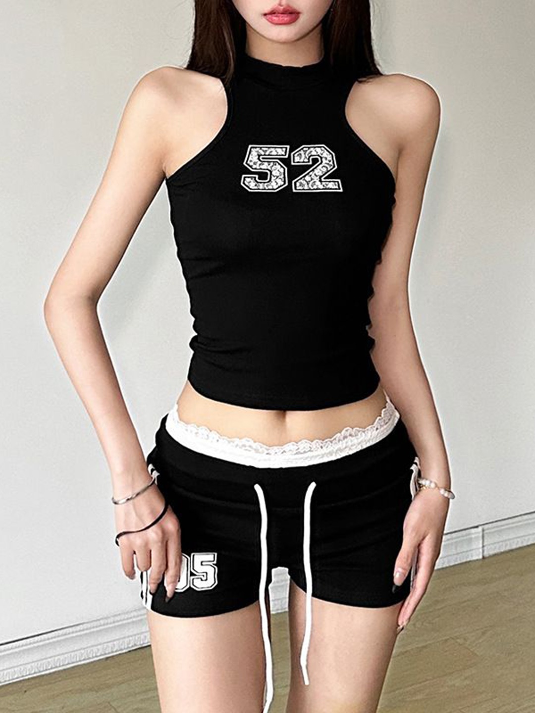 

StyleCast Typographic Printed Round Neck Sleeveless Crop Top And Shorts, Black