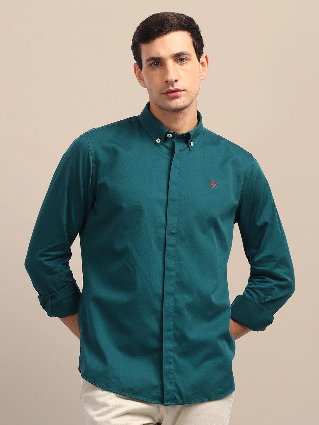 

AMSWAN Men Button-Down Collar Solid Cotton Casual Shirt, Teal