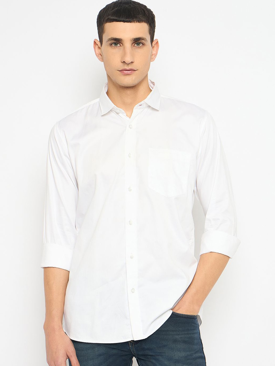

Duke Men Spread Collar Solid Cotton Casual Shirt, White