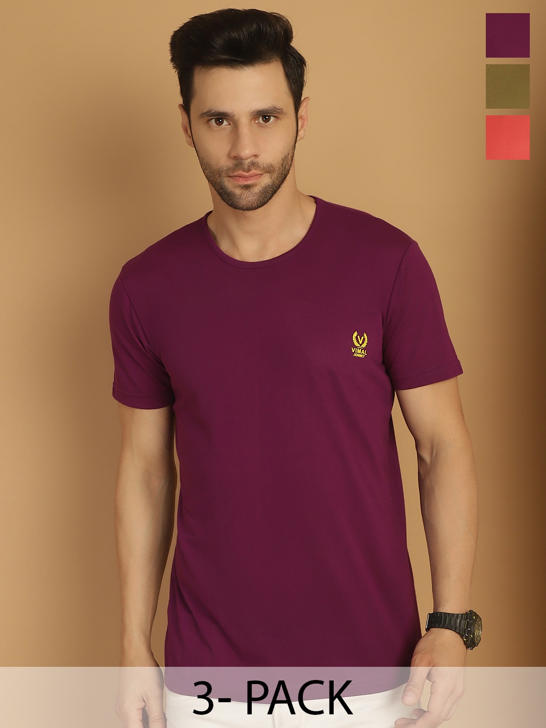 

VIMAL JONNEY Men Pack Of 3 Solid Round Neck Cotton T-shirts, Purple