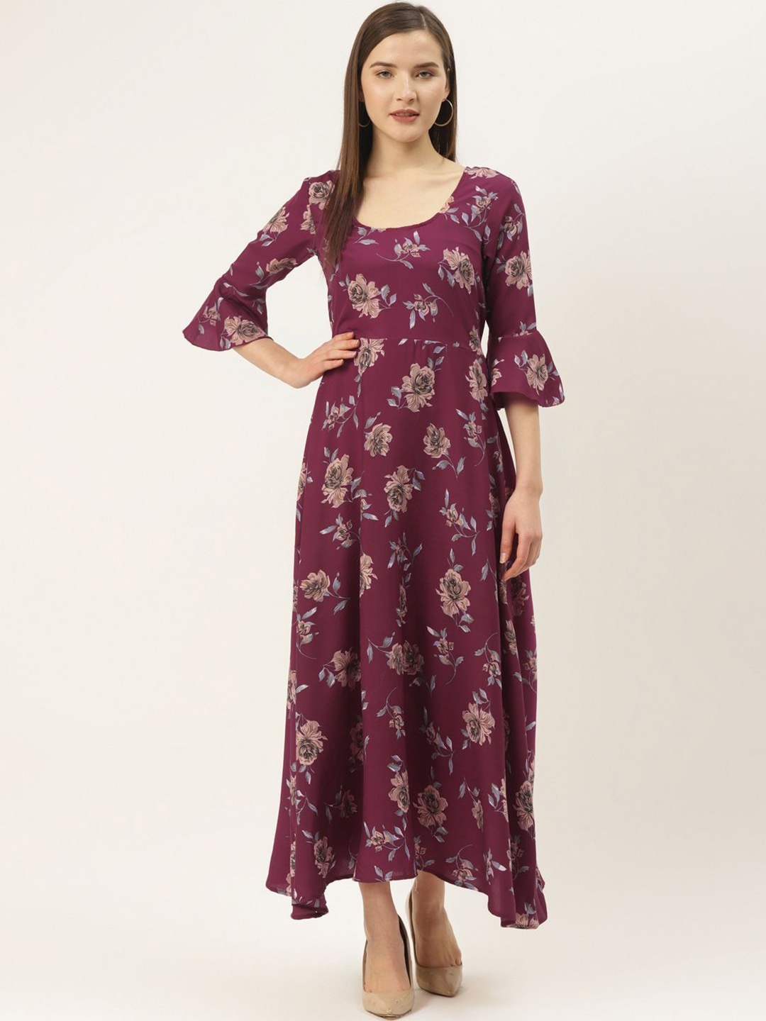 

DressBerry Floral Printed Bell Sleeve Crepe Fit and Flare Maxi Dress, Pink