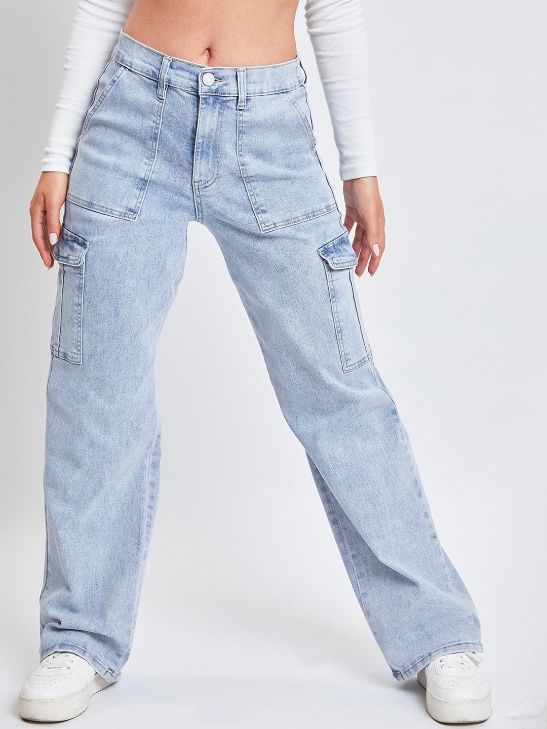 

FNOCKS Women Relaxed Straight Leg High-Rise Trousers, Blue