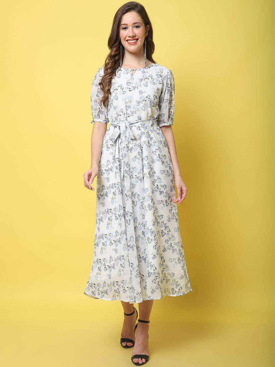 

Metronaut Women Floral Printed Fit & Flare Midi Dress, Off white