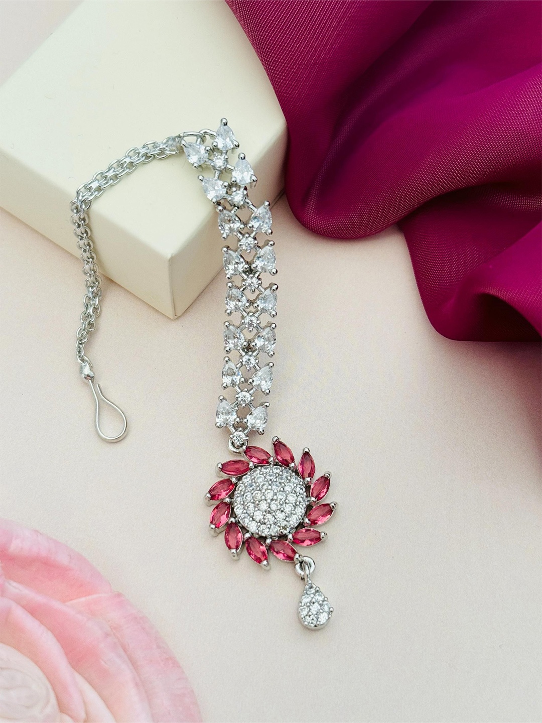 

ABDESIGNS Silver-Plated American Diamond Studded Maang Tikka Head Jewellery