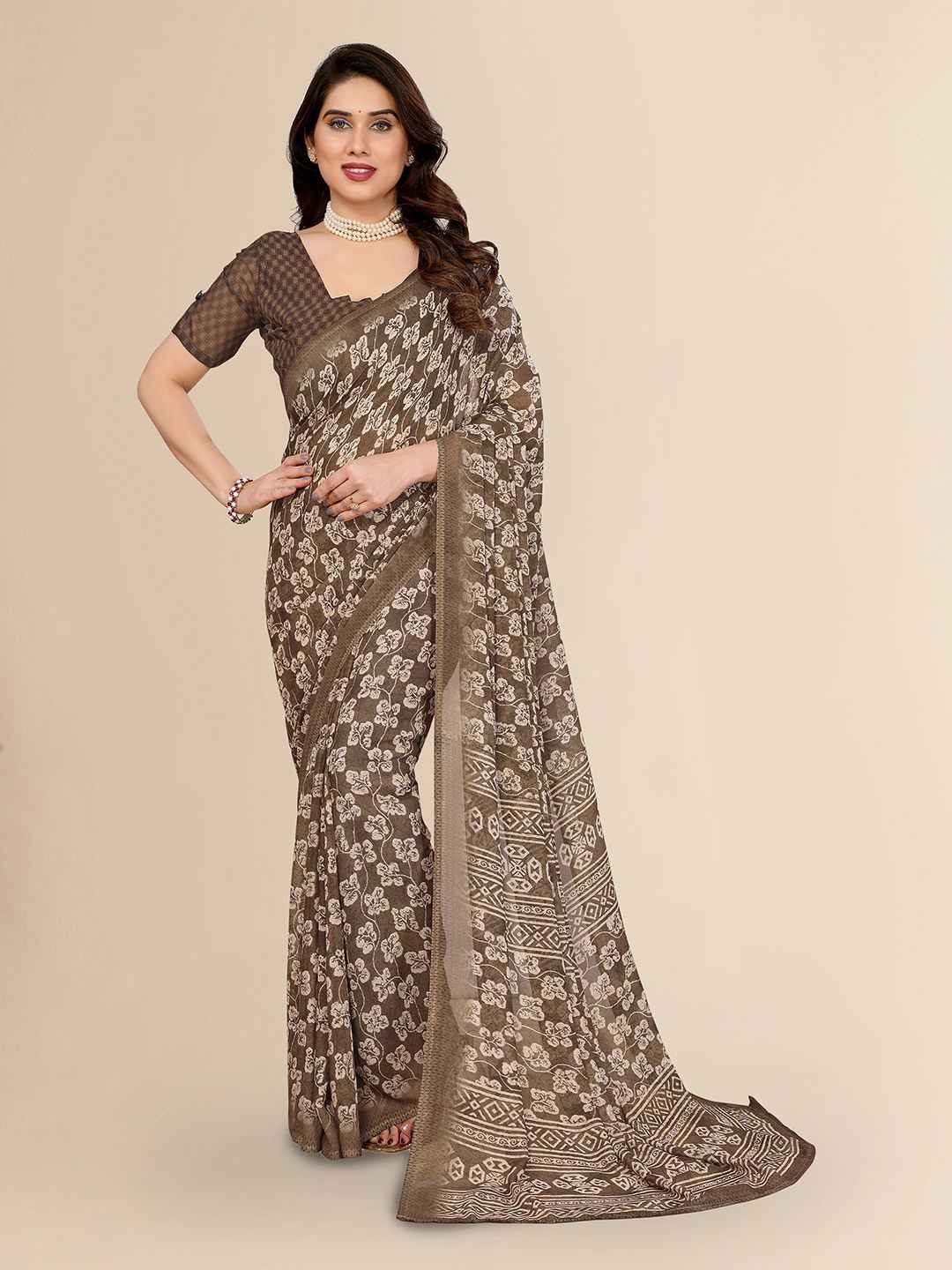 

Moda Rapido Floral Printed Saree, Brown