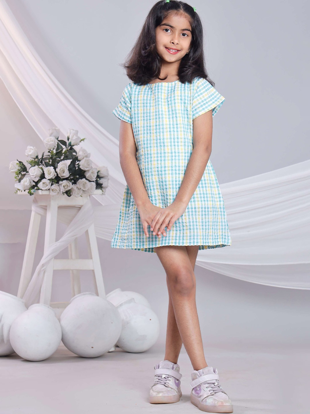 

BAESD Girls Cotton Printed Fit & Flare Dress, Turquoise blue