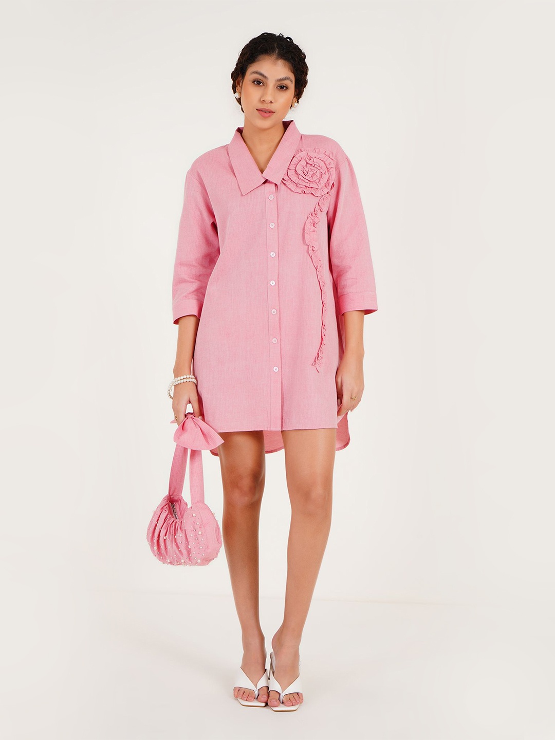 

Western Era Women Ruffled Cotton Shirt Dress, Pink