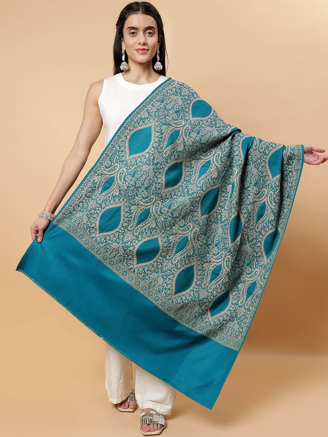 

Moda Chales Ethnic Motifs Woven Design Woollen Shawl, Blue